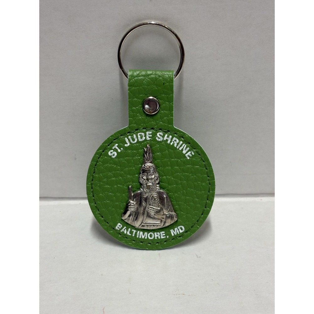 St. Jude Shrine Baltimore MD Green Leather Keychain Religious Medal